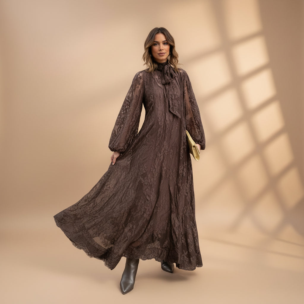 Besticktes Maxikleid mit langen Ärmeln für Damen – Locker geschnittenes Urlaubskleid im Lotus-Stil
