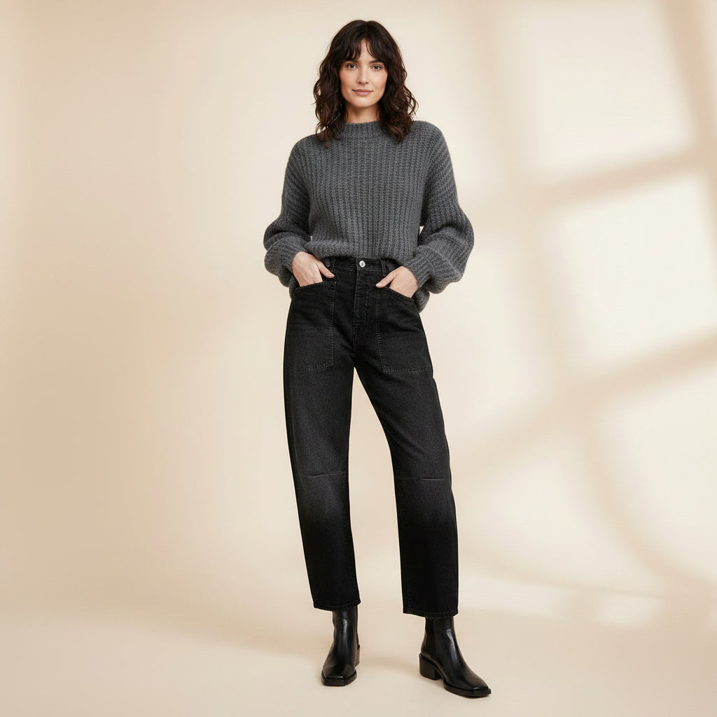 Damen-Jeans mit hohem Bund, geradem Bein und Waschung – Jeans mit mehreren Taschen