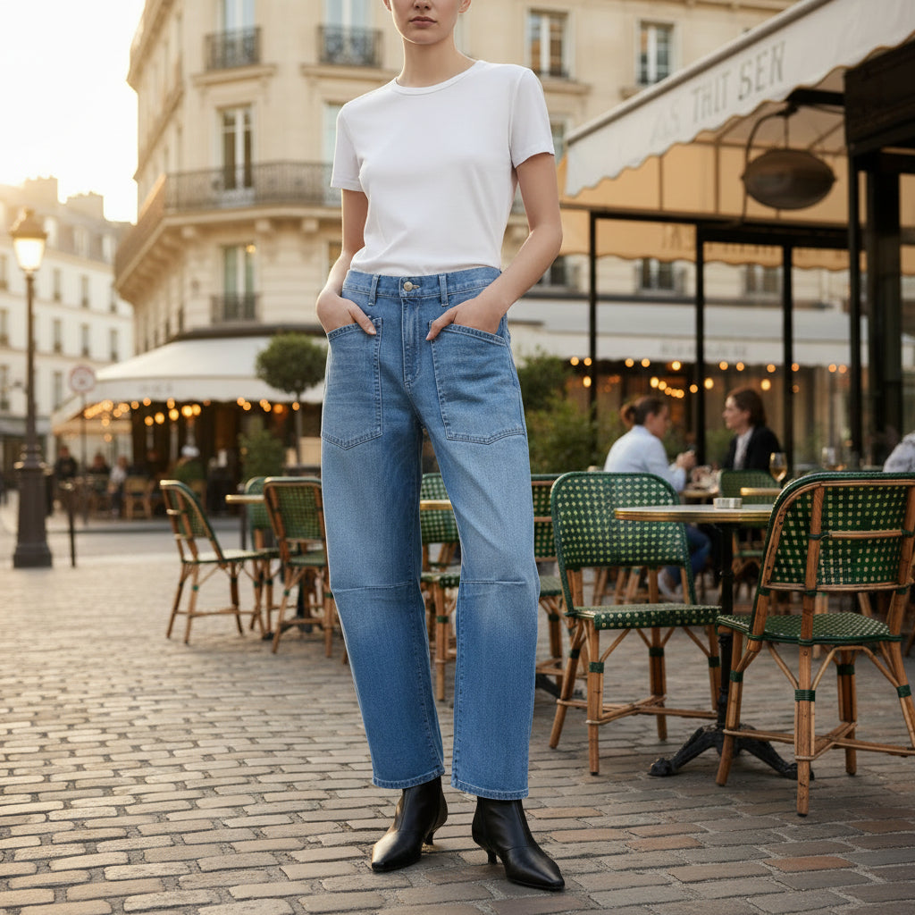Damen-Jeans mit hohem Bund, geradem Bein und Waschung – Jeans mit mehreren Taschen