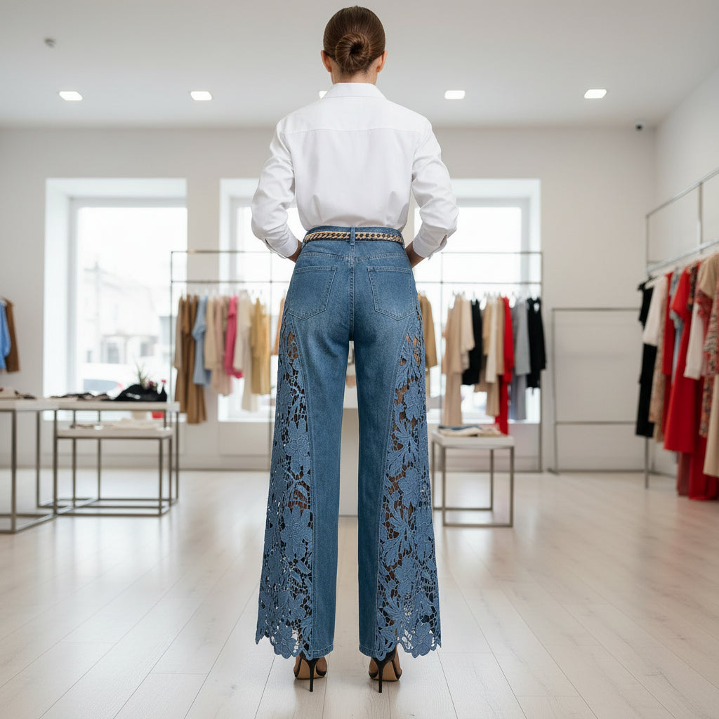Damen-Jeans mit hohem Bund und weitem Bein – Lässige Hose mit Spitzendetails in voller Länge