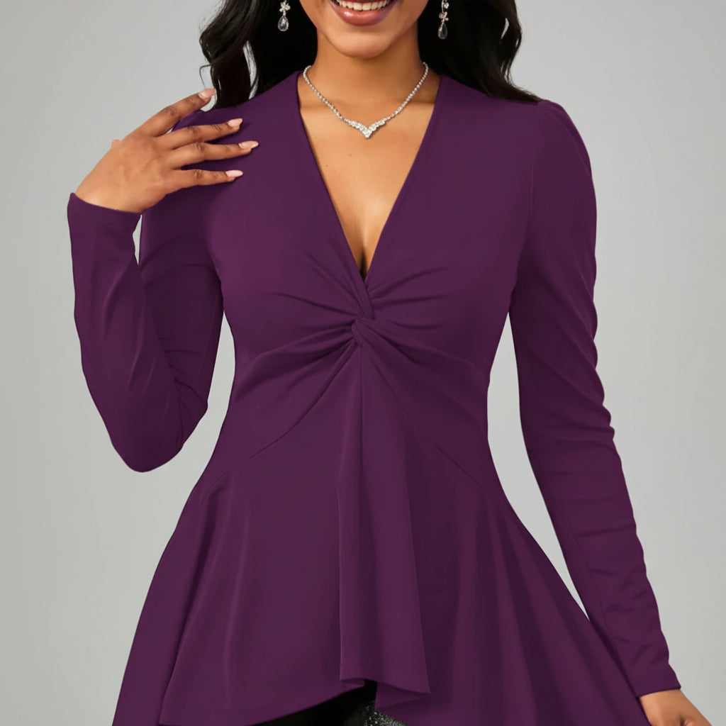 Damen-Langarmshirt mit V-Ausschnitt, schmaler Passform und mittellangem Schnitt – Pullover mit Knotendetail in großen Größen