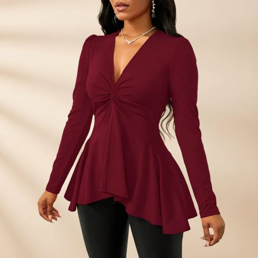 Damen-Langarmshirt mit V-Ausschnitt, schmaler Passform und mittellangem Schnitt – Pullover mit Knotendetail in großen Größen