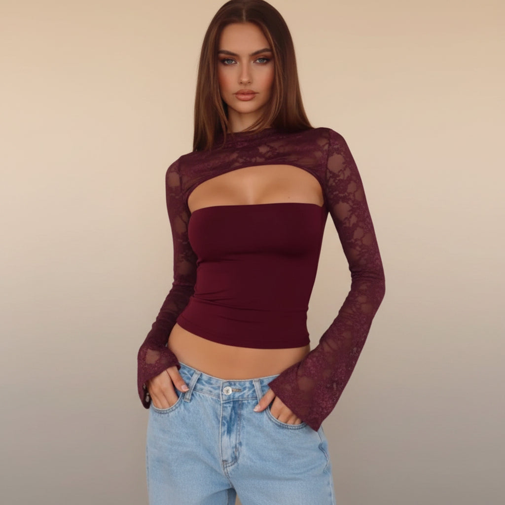 Damen-Langarmtop mit ausgestelltem Schnitt und Spitzeneinsatz – Schmal geschnittener Strickpullover in kurzem Schnitt
