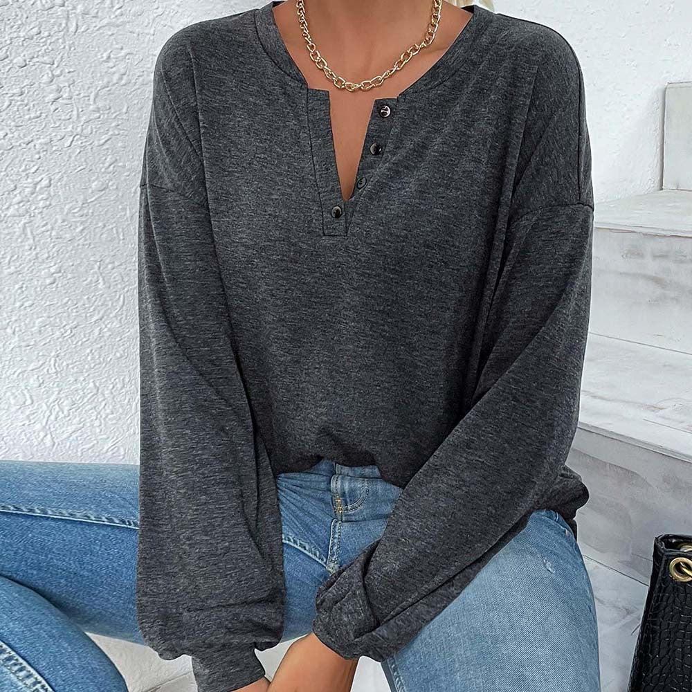 Damen-Pullover mit langen Ärmeln in lockerer Passform, meliertem Grau – Minimalistisches, einfarbiges Alltags-Top