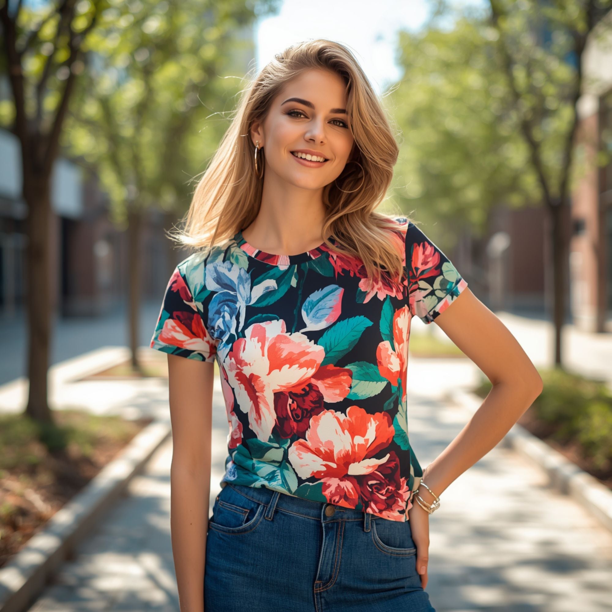 Damen-Sommer-Freizeit-T-Shirt mit Blumenmuster in Mitternachtsblau und kurzen Ärmeln