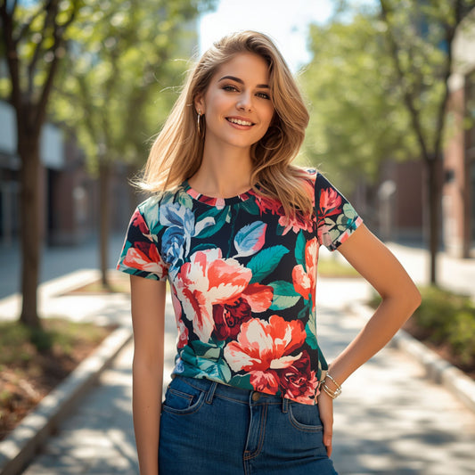 Damen-Sommer-Freizeit-T-Shirt mit Blumenmuster in Mitternachtsblau und kurzen Ärmeln