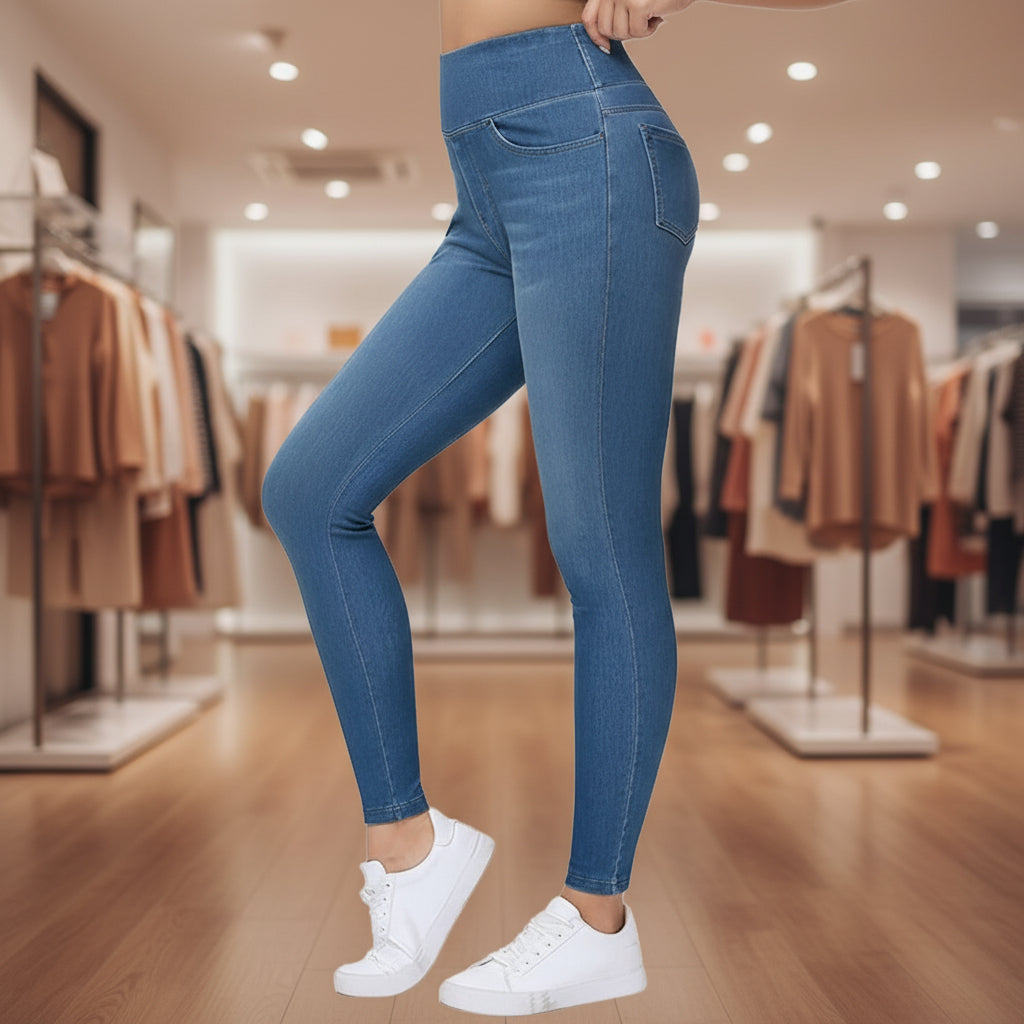Damen-Stretchhose in Denim-Optik mit hohem Bund – Hose mit durchgehenden Taschen