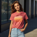 Damen-T-Shirt aus Baumwollmischgewebe mit Korallen-Sonnenuntergangsstreifen