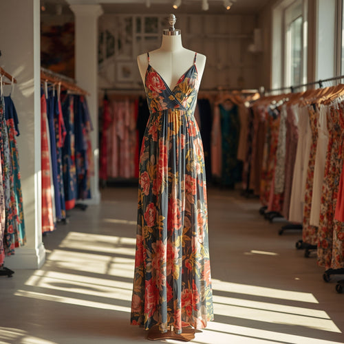 Damen Blumen-Maxikleid mit V-Ausschnitt und Mehrfarbigem Print