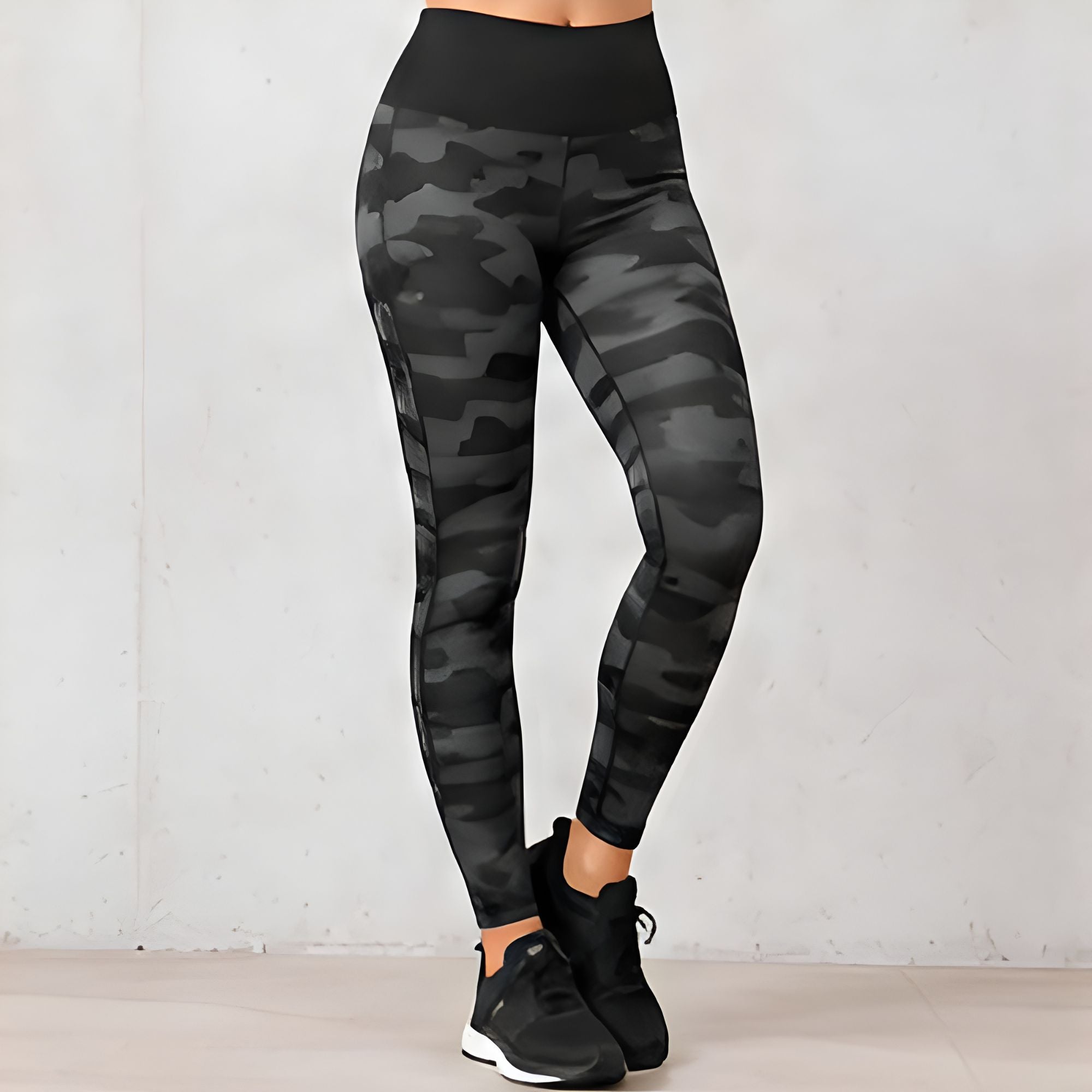 Damen Camouflage Leggings in Schwarzgrau mit Elastischem Hochbund