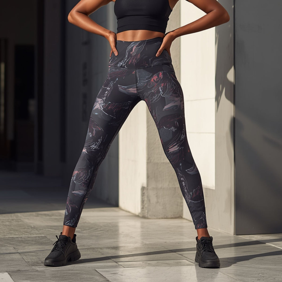 Damen Gemusterte Leggings in Dunkelgrau mit Abstraktem Allover-Muster