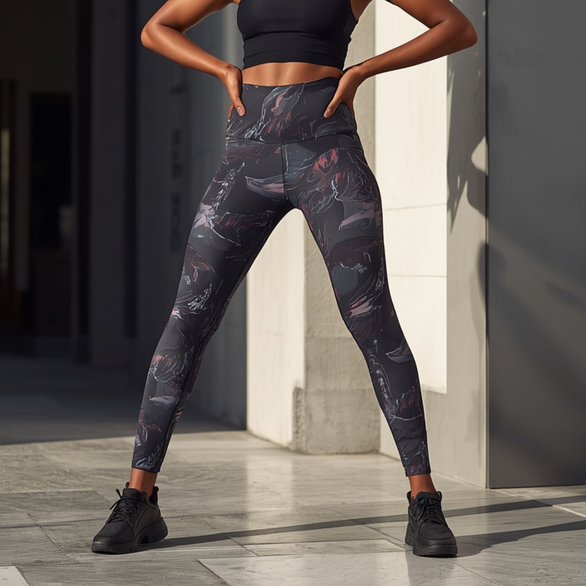 Damen Gemusterte Leggings in Dunkelgrau mit Abstraktem Allover-Muster