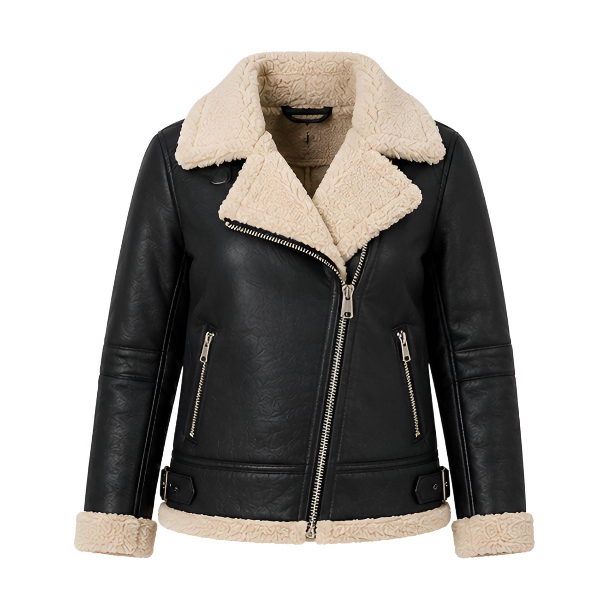 Damen Jacke mit Lammfellkragen und Reißverschluss in Schwarz