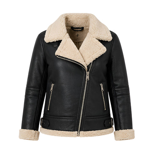 Damen Jacke mit Lammfellkragen und Reißverschluss in Schwarz