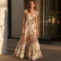 Damen Maxikleid in Creme mit Blumenprint und Taillenband