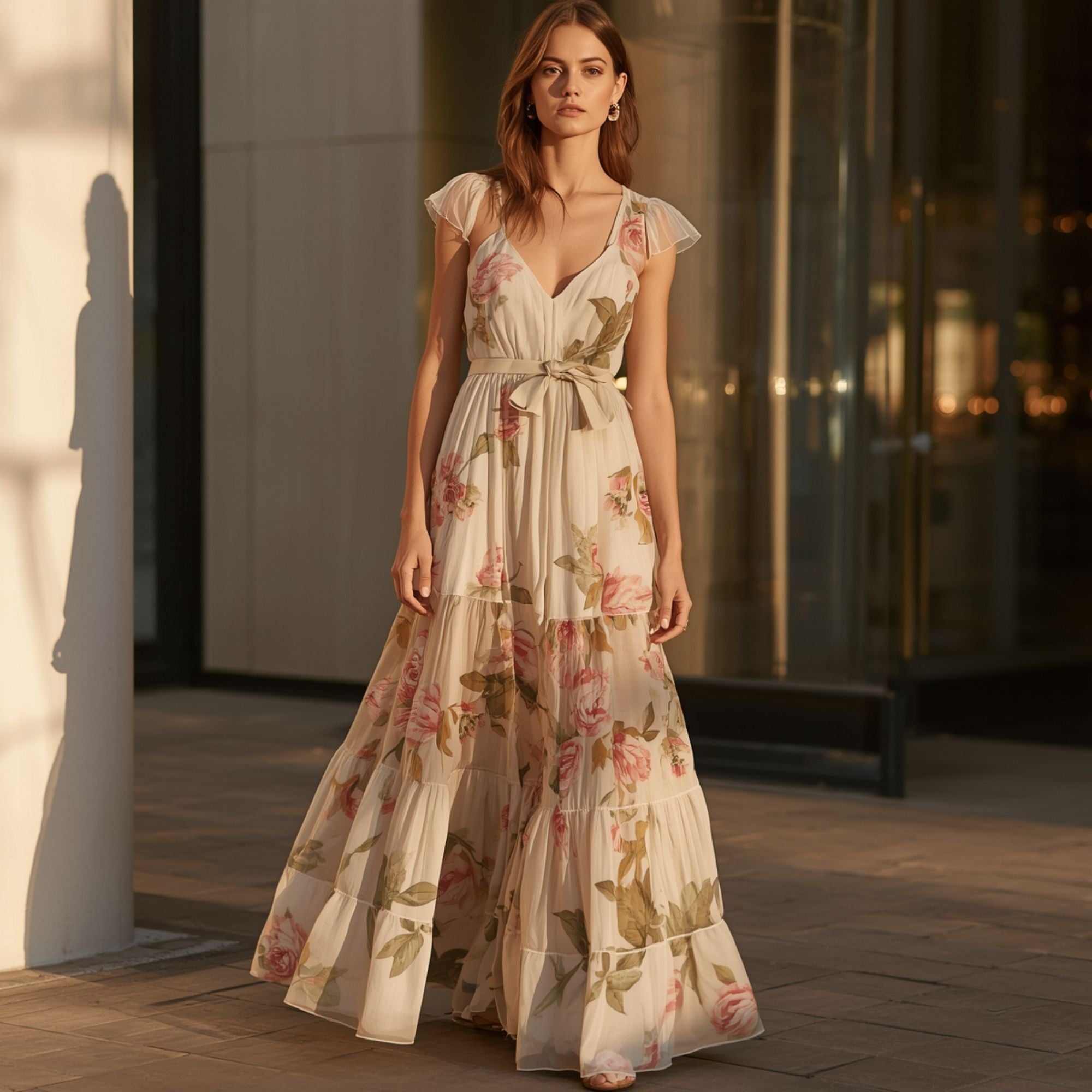 Damen Maxikleid in Creme mit Blumenprint und Taillenband