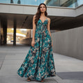 Damen Maxikleid in Türkis mit Floralmuster und Lockerem Rockteil