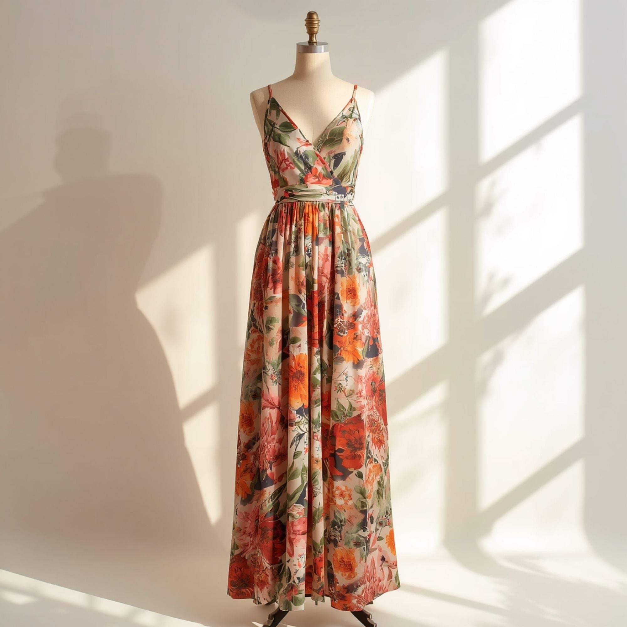Damen Maxikleid mit Spaghettiträgern und Floralem Muster in Korallentönen