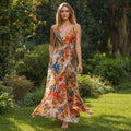 Damen Maxikleid mit Trägern und Großfloralem Print in Rot und Orange