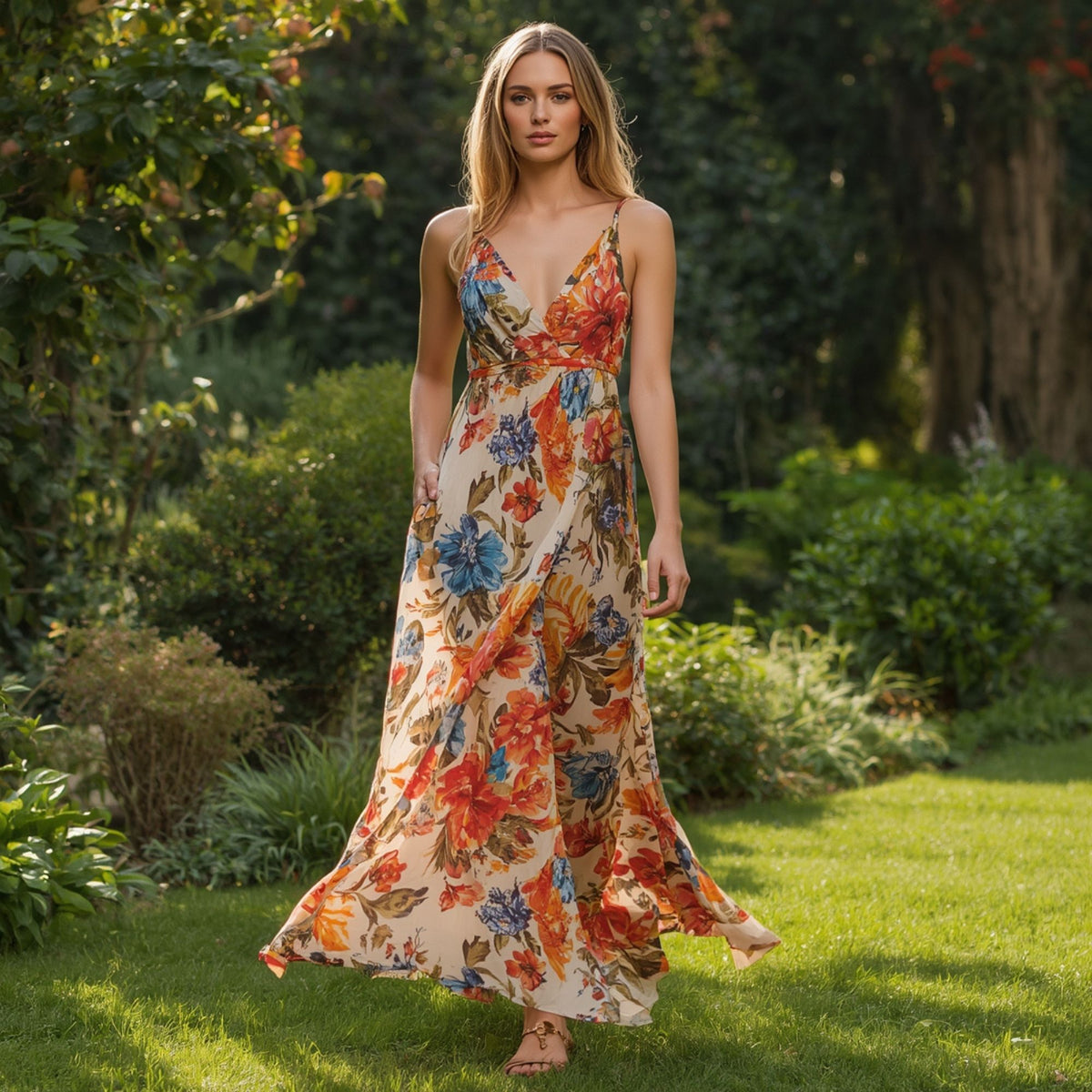 Damen Maxikleid mit Trägern und Großfloralem Print in Rot und Orange