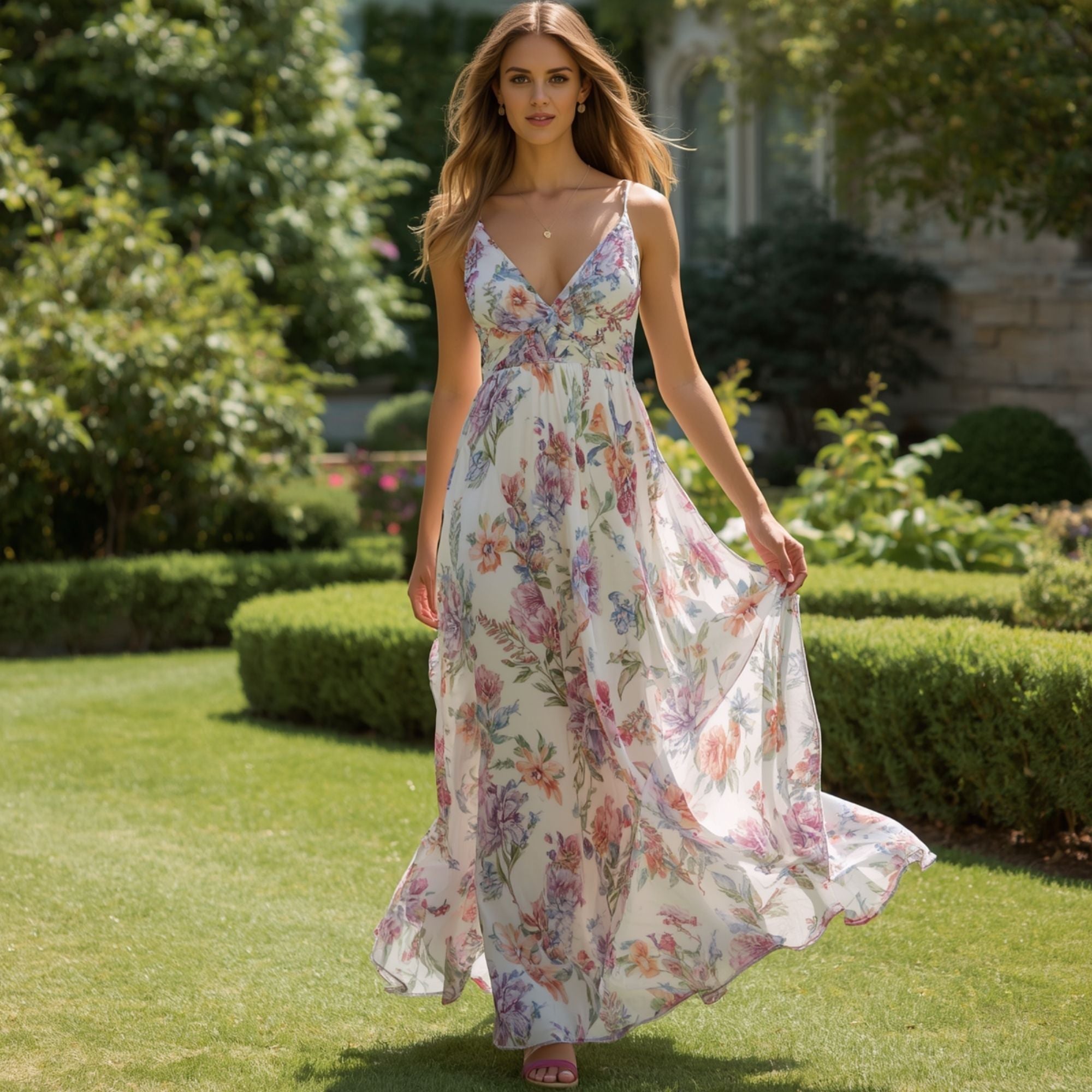 Damen Sommer-Maxikleid in Weiß mit Pastellfarbenem Blumenmuster