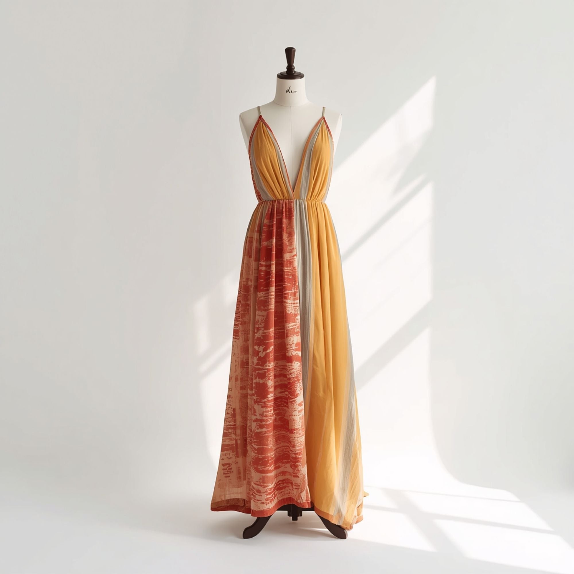 Damen Sommerkleid in Gelb und Bordeaux mit Farbverlauf und V-Ausschnitt