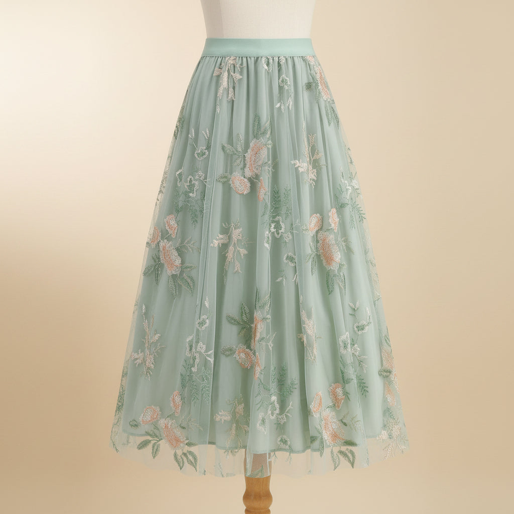 Eleganter, floral bestickter Midirock für Damen – Lässiger A-Linien-Stil aus Mesh