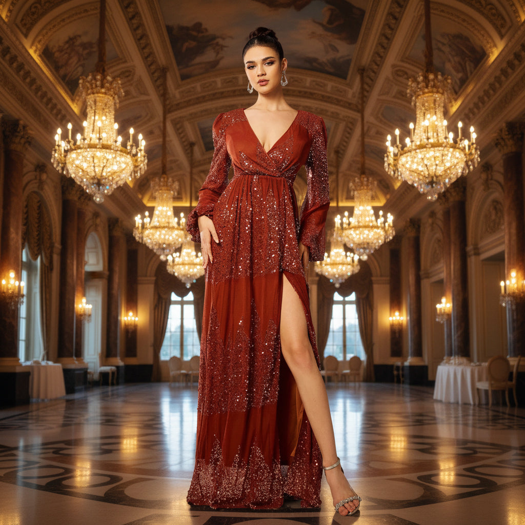 Elegantes Pailletten-Abendkleid mit langen Ärmeln und V-Ausschnitt für Damen – Perfekt für Partys und festliche Anlässe