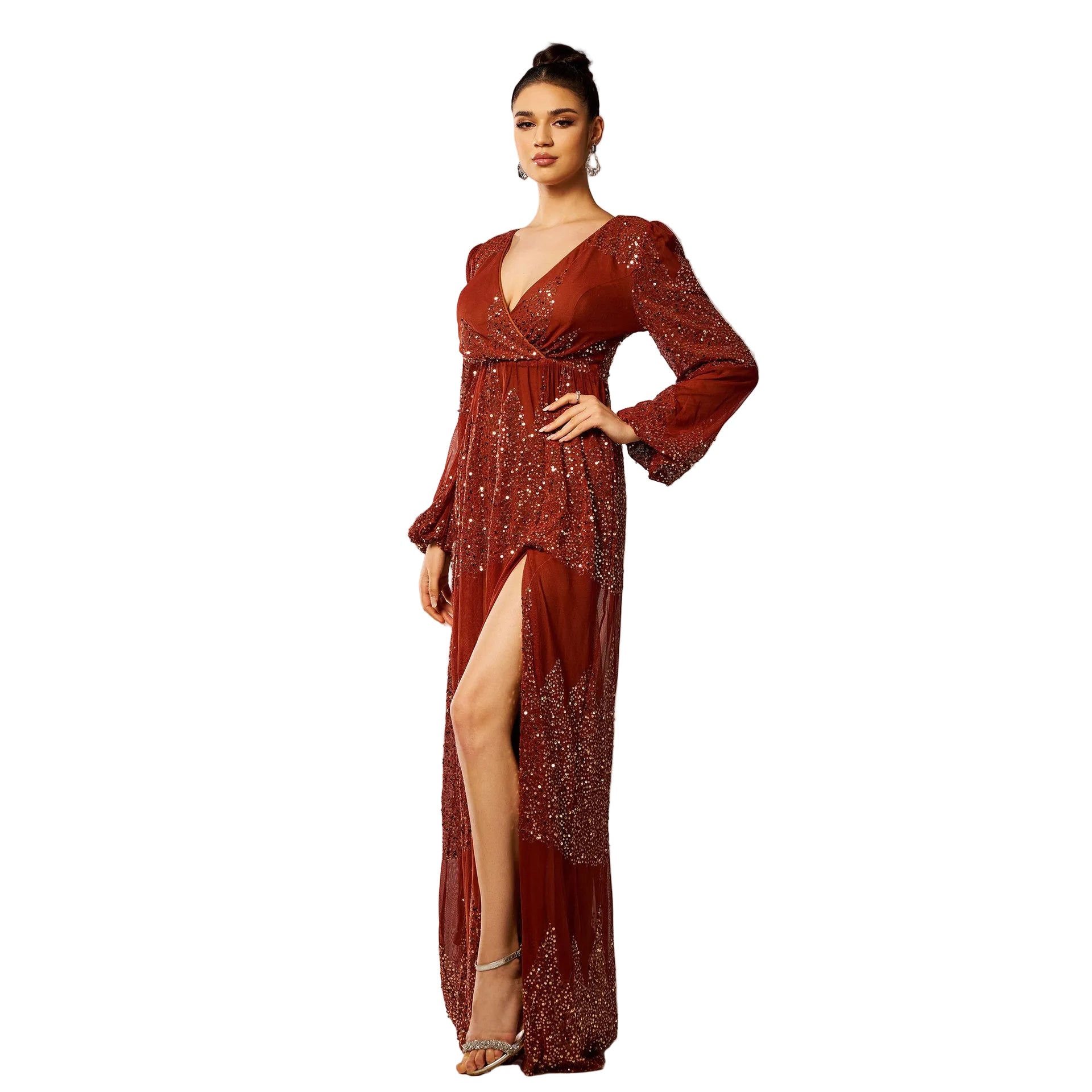 Elegantes Pailletten-Abendkleid mit langen Ärmeln und V-Ausschnitt für Damen – Perfekt für Partys und festliche Anlässe