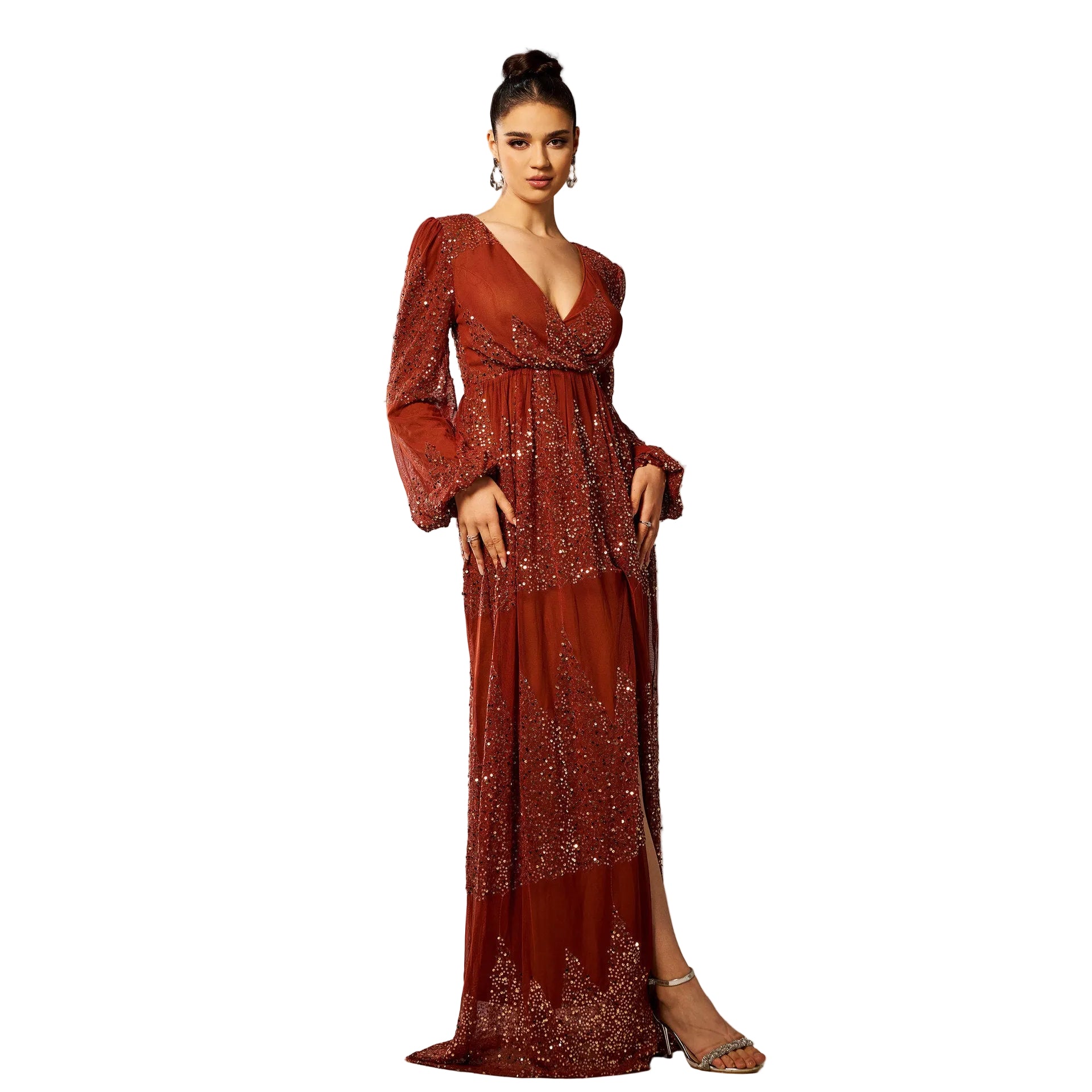 Elegantes Pailletten-Abendkleid mit langen Ärmeln und V-Ausschnitt für Damen – Perfekt für Partys und festliche Anlässe