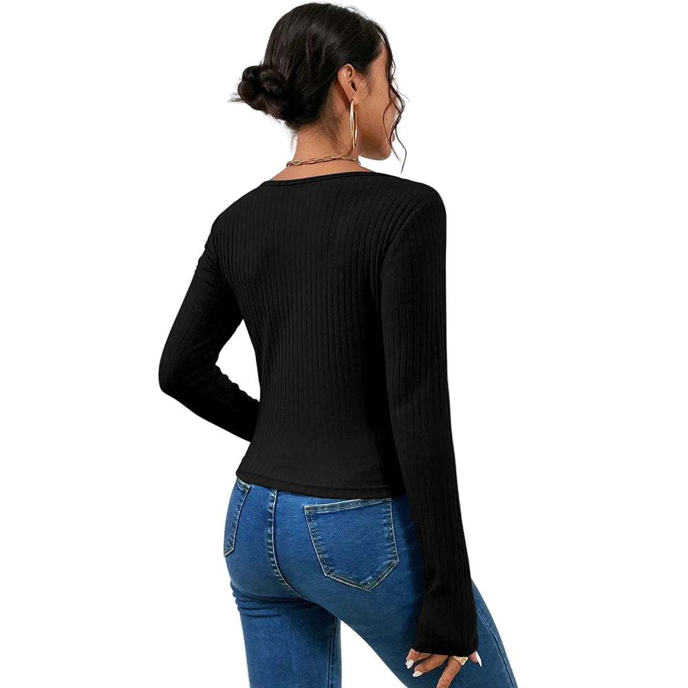 Elegantes schwarzes Damen-Pullover-Top mit Schnürung und langen Ärmeln aus knitterfreiem Material