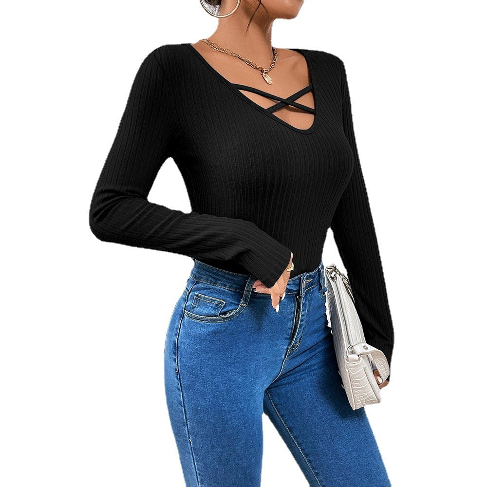 Elegantes schwarzes Damen-Pullover-Top mit Schnürung und langen Ärmeln aus knitterfreiem Material