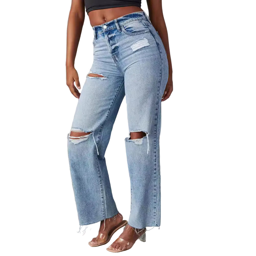 Klassische blaue Damenjeans mit geradem Schnitt – High Waist, lange Jeans