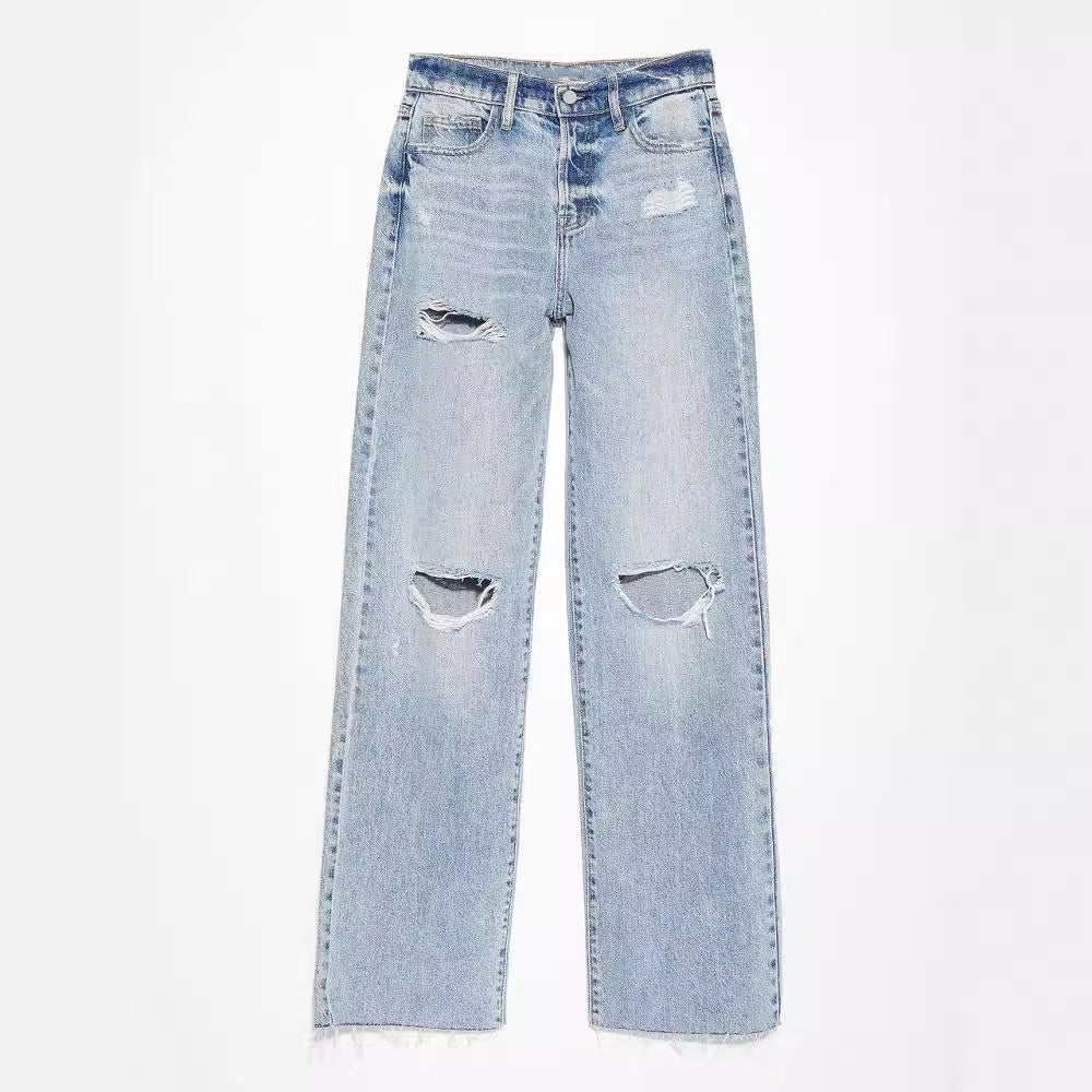 Klassische blaue Damenjeans mit geradem Schnitt – High Waist, lange Jeans