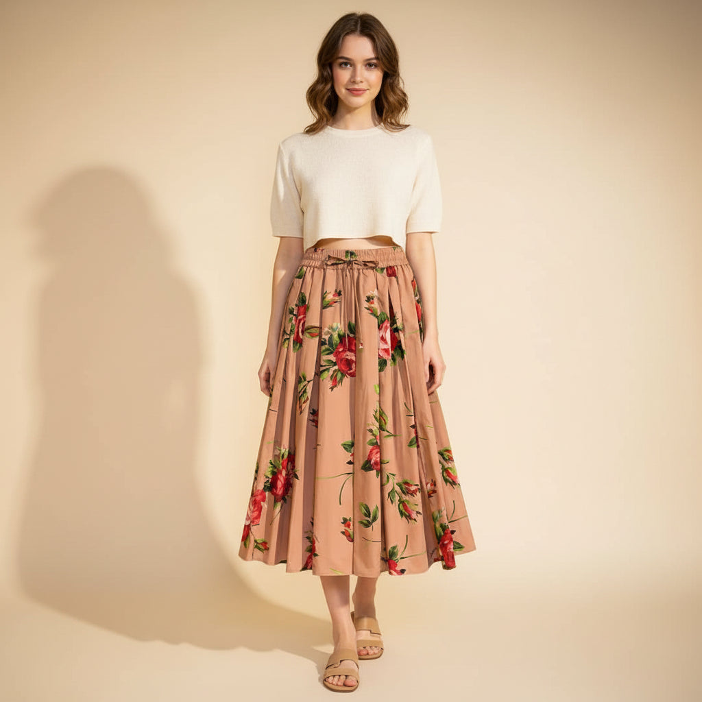 Lässiger Damen-Midirock mit Blumenmuster – Elastischer Bund, ideal für jeden Tag