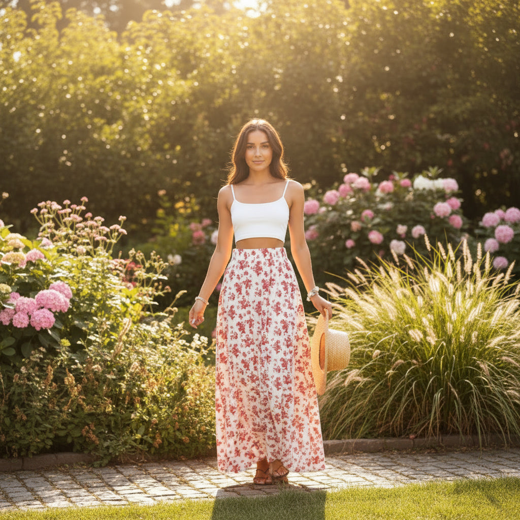 Lässiger Damen-Midirock mit Blumenmuster – Weicher, bequemer Stil, moderner Alltagslook