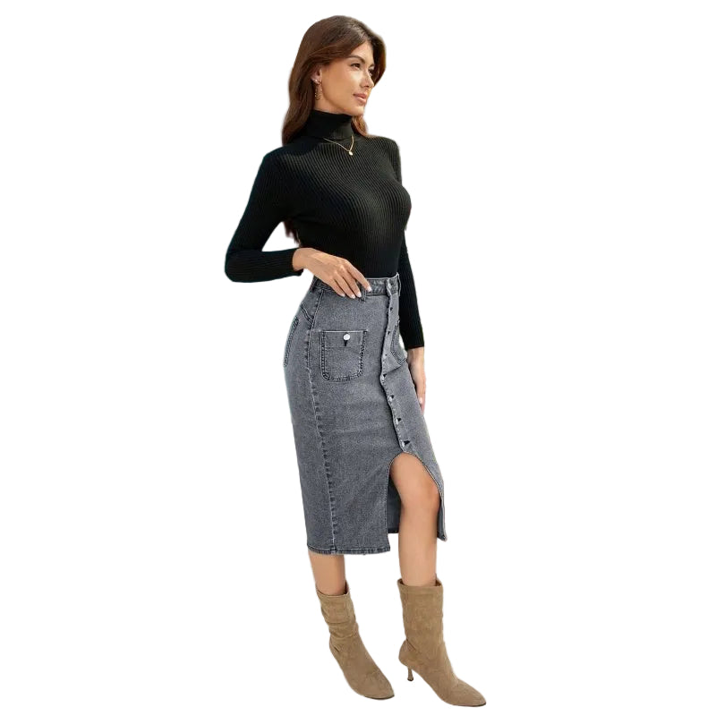 Lässiger grauer Jeans-Midirock für Damen – Vorderer Schlitz mit Knopfleiste