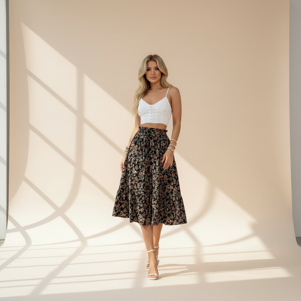 Leichtes, geblümtes A-Linien-Midikleid für Damen – lässiger Stil mit weitem Rock