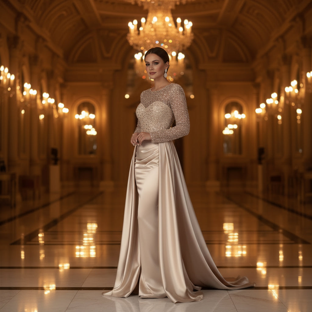 Paillettenbesetztes Maxi-Abendkleid für Damen – Elegantes Partykleid mit langen Ärmeln und ausgestelltem Saum