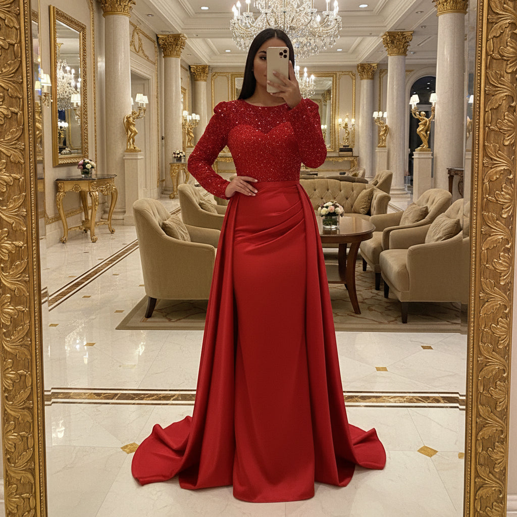 Paillettenbesetztes Maxi-Abendkleid für Damen – Elegantes Partykleid mit langen Ärmeln und ausgestelltem Saum