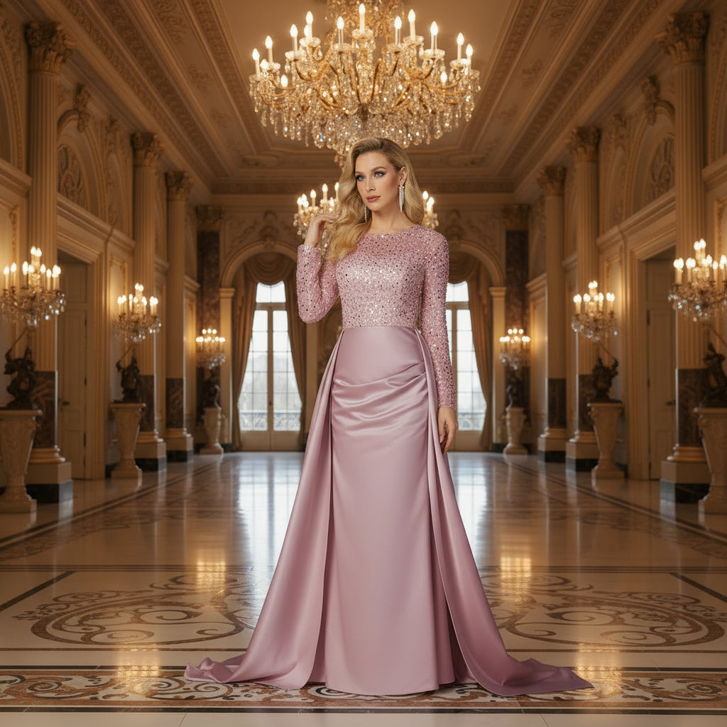 Paillettenbesetztes Maxi-Abendkleid für Damen – Elegantes Partykleid mit langen Ärmeln und ausgestelltem Saum