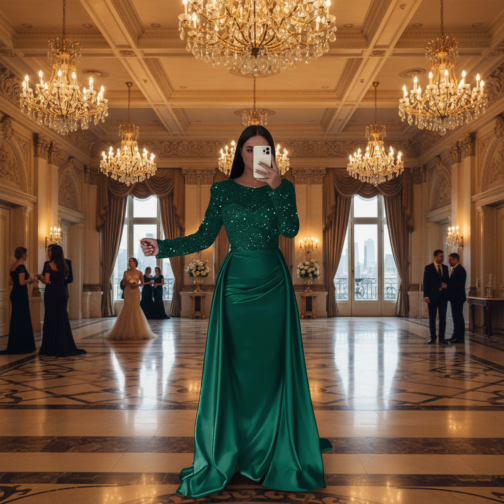 Paillettenbesetztes Maxi-Abendkleid für Damen – Elegantes Partykleid mit langen Ärmeln und ausgestelltem Saum