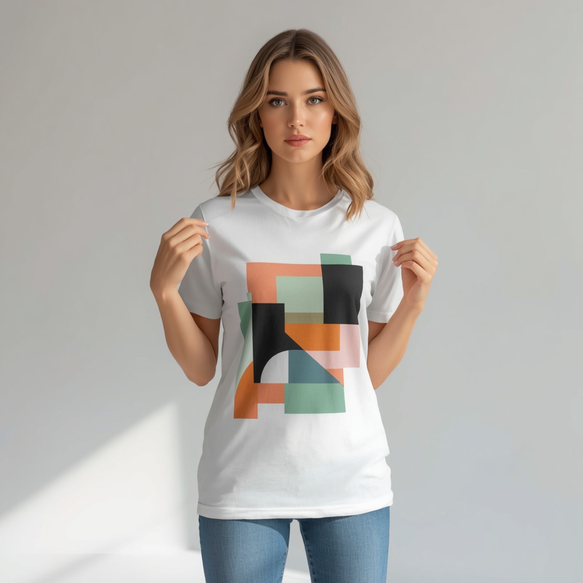 Weißes Damen-T-Shirt mit abstraktem geometrischem Print und modernem Grafikmuster